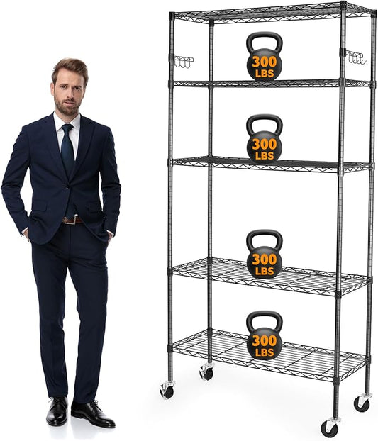5 Tier Storage Shelves with Wheels, 1750lbs Capacity Heavy Duty Shelving Units, 14x36x75inch Adjustable Metal Shelf Wire Shelving Rack for Garage, Kitchen, Office, Black