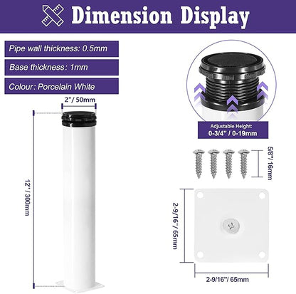 12 Inch Metal Furniture Legs - Stainless Steel, Adjustable, White, Round Cabinet Legs for Coffee Table, Cabinet, Desk, Sofa, Shelves - Pack of 4