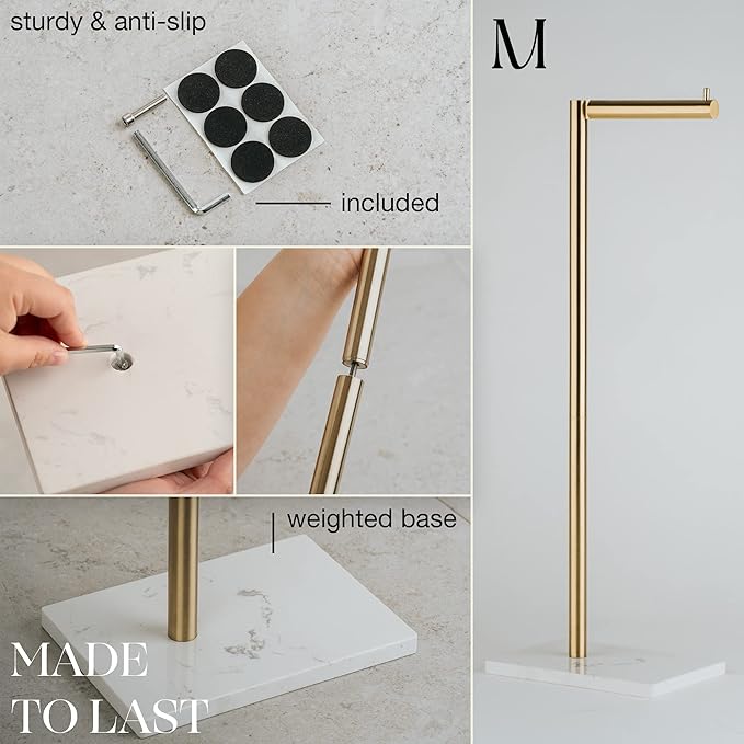 MARMOLUX ACC Free Standing Gold Toilet Paper Holder Stand White Marble Base and Storage | 4 Jumbo Roll Bathroom Hardware Toilet Tissue Organizer | Stainless Steel Bathroom Decor Accessory