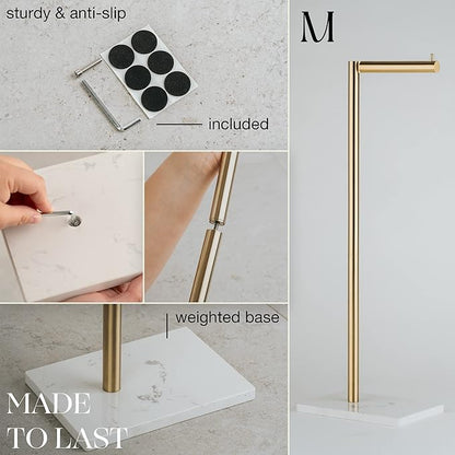 MARMOLUX ACC Free Standing Gold Toilet Paper Holder Stand White Marble Base and Storage | 4 Jumbo Roll Bathroom Hardware Toilet Tissue Organizer | Stainless Steel Bathroom Decor Accessory