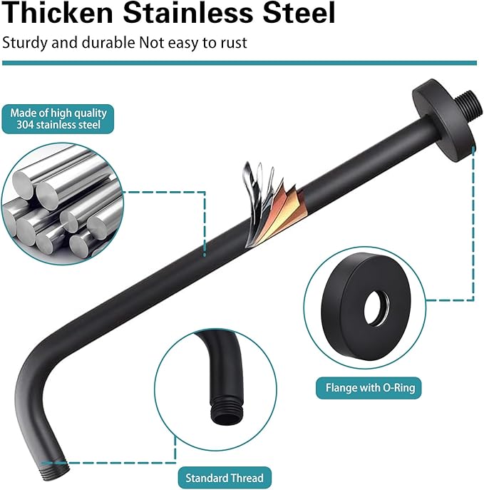 16 Inch Shower Arm with Flange,Stainless Steel 90 Degree Rain Shower Head Extension Arm,Wall-Mounted Shower Head Arm for Fixed Shower Head,Matte Black
