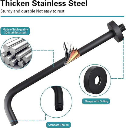 16 Inch Shower Arm with Flange,Stainless Steel 90 Degree Rain Shower Head Extension Arm,Wall-Mounted Shower Head Arm for Fixed Shower Head,Matte Black