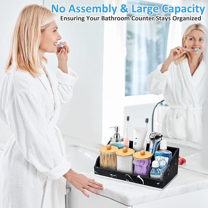 Bathroom Counter Organizer, Black Marble Toothbrush Holders for Bathrooms Organizer Countertop with 3PCS Qtip Holder, Toothbrush and Toothpaste Holder for Bathroom Organization Storage Vanity