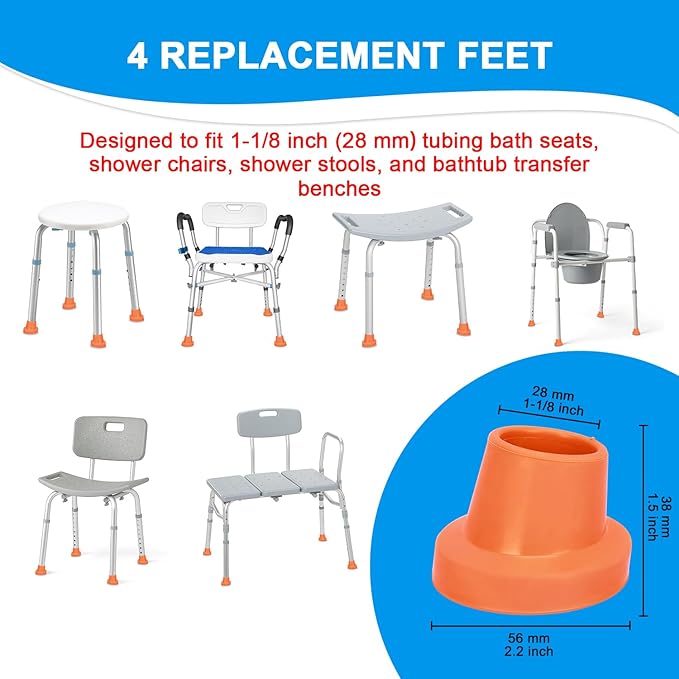 supregear Replacement Feet for Shower Chair Bath Seat, 1-1/8" I.D. Slope Rubber Feet Pad for Shower Stools Transfer Bench Non-Slip Extreme Grip Tub Transfer Benches Suction Cup Feet, 4PK