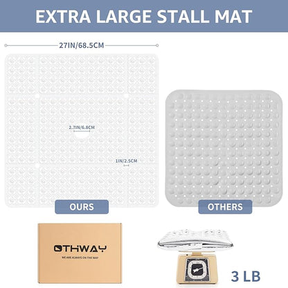 OTHWAY Square Shower Mat, 27"x 27" Extra Large for Inside Shower, TPE Non-Slip Mat With Suction Cups, Drain Holes, Machine Washable Floor Mat (White)