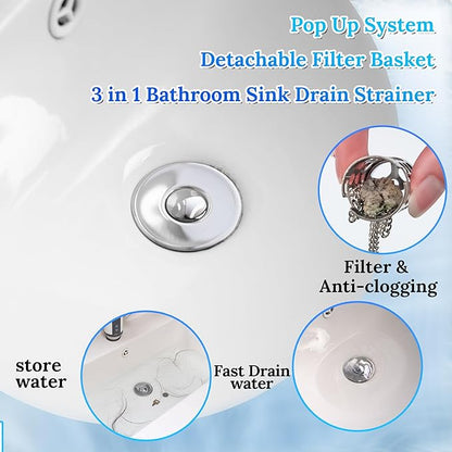 Pop up Bathroom Sink Drain Strainer,Universal Sink Stopper Bathroom Drain with Filter Basket,Bathroom Sink Stopper Hair Catcher for 1.06"~1.61" Drain Hole 2 PCS(Silver Chrome)