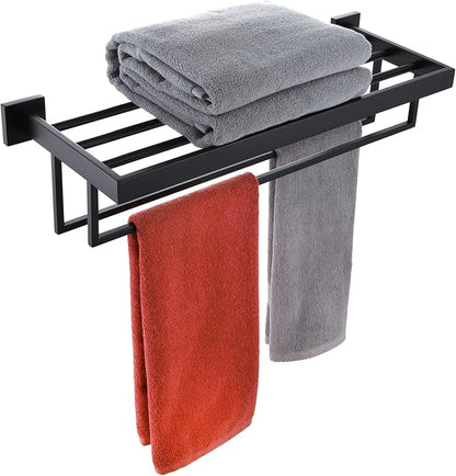 KOKOSIRI Matte Black Towel Rack 24'' Bathroom Towel Shelf with Double Towel Bars SUS304 Stainless Steel Wall Mounted, B6003BK