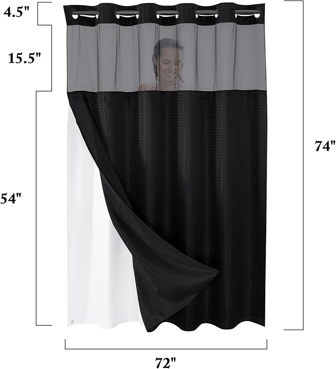 Gibelle No Hook Waffle Weave Shower Curtain with Snap-in Fabric Liner Set for Bathroom, Hotel Style with Mesh Top Window, Waterproof & Washable, Black, 72x74