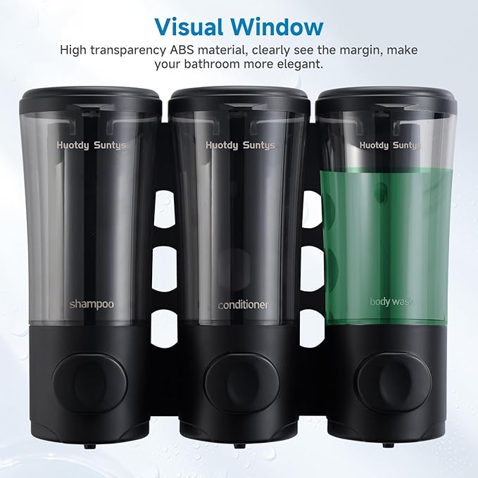 Shampoo and Conditioner Dispenser No Drill Shower Soap Dispenser Wall Mounted Shower Dispenser 3 Chamber with Upgrade Smooth Pump Head Bathroom Body Wash Soap Dispenser Set 450ml*3 Black
