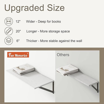 Fun Memories 20 Inch Floating Shelves for Wall, White Bathroom Shelves Set of 2, 12 Inch Deep Wall Shelf for Bedroom, Kitchen, Large Home Decor Shelves Farmhouse Storage Shelf