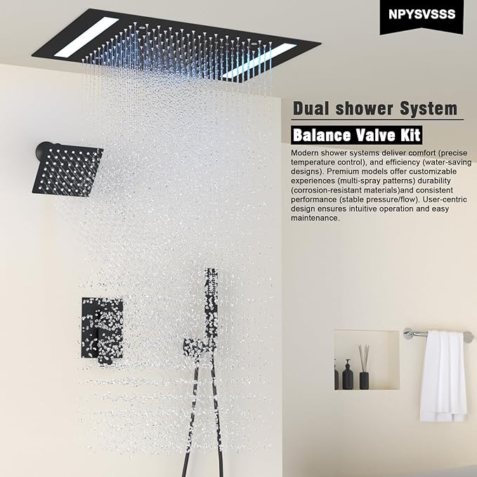Rain Shower Head System with 14x20 Inch Ceiling Mount LED Head & 6 Inch Wall Head and Handheld Shower 3 Way Pressure Balance Valve Kit, Matte Black