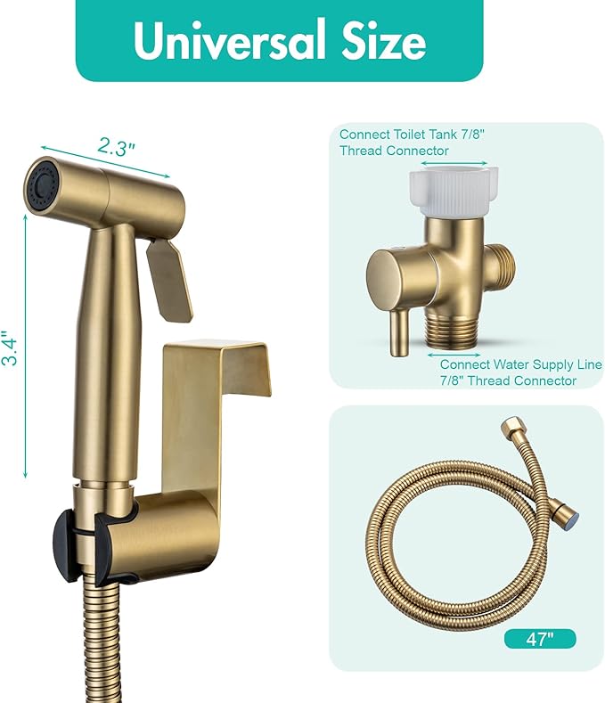 BARROCK Handheld Bidet Sprayer for Toilet, Stainless Steel Metal Made Baby Cloth Diaper Spraying Kit, Bathroom Toilet Bidet Attachment Set for Bathing Pets and Feminine Hygiene, Brushed Brass Gold