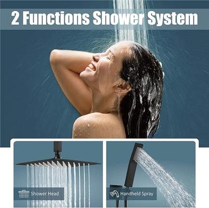 Aolemi Ceiling Mount Shower System Rain Shower Head with Handheld Spray High Pressure Shower Faucet Set Rough-in Valve Shower Trim Kit Included Bathroom Matte Black 10 Inch Ceiling Shower Head