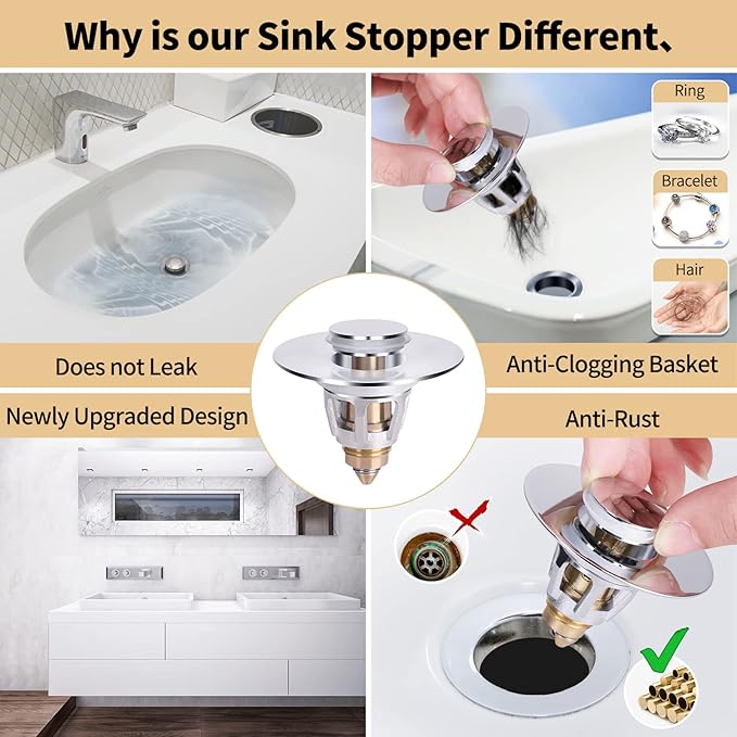 U.S. Standard Bathroom Sink Stopper 1.1"-1.5", Stainless Steel Universal Pop Up Drain Stopper for Bathroom Sink, Universal Drain Filter Drain Plug with Spring Core Push Type Converte