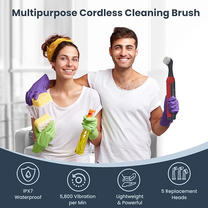 LifeBasis Rechargeable Power Scrubber 11-Piece Kit, Cordless Electric Cleaning Brush, IPX7 Waterproof Electric Grout Brush for Home, Kitchen, Bathroom, Grout, Tile, Shower, Tub, Red