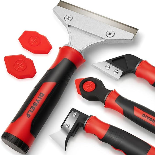 DIYSELF Caulking Tool, 4 in 1 Caulk Remover Tool for Bathroom, Bathtub, Grout, Shower, Tile, Window, Razor Scraper Tool for Cleaning, Silicone Caulk Removal Tool (Red)