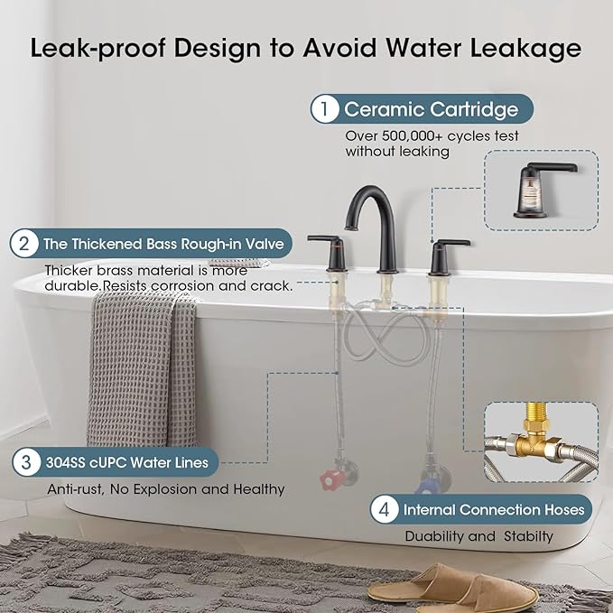 High Flow Roman Tub Faucet with Valve, Widespread Solid Brass 3 Hole Bathtub Faucet, 2 Handle Deck Mount Bath Tub Filler with Supply Water Hoses, Oil Rubbed Bronze