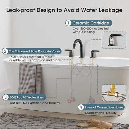 High Flow Roman Tub Faucet with Valve, Widespread Solid Brass 3 Hole Bathtub Faucet, 2 Handle Deck Mount Bath Tub Filler with Supply Water Hoses, Oil Rubbed Bronze