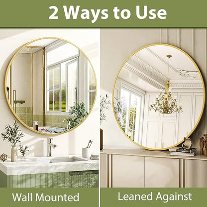 24 Inch Round Bathroom Mirror - Gold Wall Mounted Circle Mirror with Metal Frame, Modern Round Hanging Mirror Suitable for Bathroom, Vanity, Entryway, Living Room