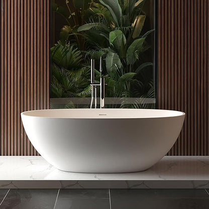 65 in Solid Surface Freestanding Bathtub, Contemporary Oval Shape Soaking Tub, Stone Resin Stand Alone Bathtub With Pop-Up Drain and Overflow, Cupc Certified,Matte White