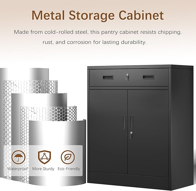 Metal Storage Cabinet, 36 Inch Tall Metal Storage Cabinet with Doors and Shelves, Pantry Cabinets with Drawer for Kitchen Storage, Garage Cabinet for Living, Dining Room, Assemble Required.