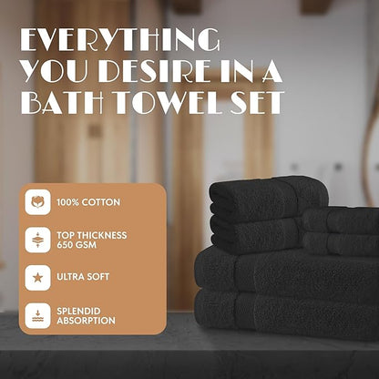 Black Bath Towel Set of 6 - 100% Cotton Highly Absorbent Towels for Bathroom, 2 Luxury Bath Towels 650GSM, 2 Hand Towels, 2 Washcloths