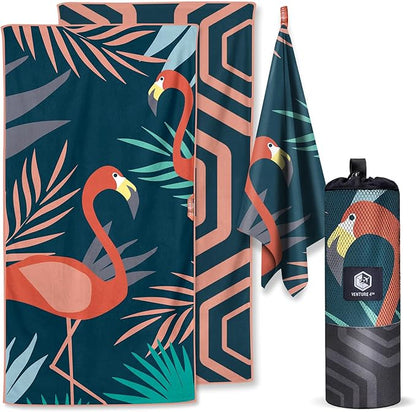VENTURE 4TH Microfiber Beach Towel: Quick-Dry, Compact, Sand-Free, Absorbent, Sandproof and Lightweight - Perfect for Camping, Beach, and Roadtrips (Navy Flamingo Design | 35x78 inches)