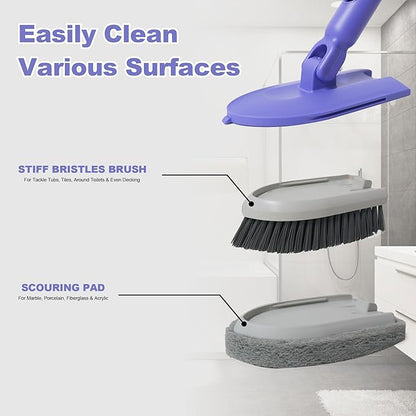 2 in 1 Tile Tub Scrubber Brush with 46.8" Extendable Long Handle, Shower Mop and Tub Cleaning Brush with 2 Different Function Cleaning Heads for Cleaning Bathroom Kitchen Wall Bathtub Floor