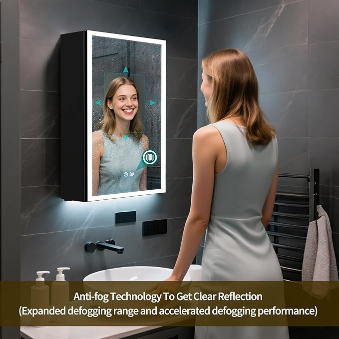 Lighted Medicine Cabinet with Mirror, 20 x 28 inch LED Bathroom Cabinet with Anti-Fog, Dimmable 3 Colors Front & Bottom Light, Buit-in Sockets & USBs, 2 Shelves, Plug-in or Hardwired