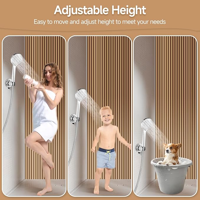Shower Head Holder, Removable Shower Head Holder Suction for Hanheld Shower Head No Drill Wall Mount Holder Chrome Universal 360° Adjustable Suction Holder
