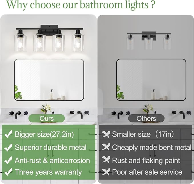4-Light Bathroom Light Fixtures, Vanity Light with Clear Glass Shades, Matte Black Bathroom Light Fixtures Over Mirror, Modern Bathroom Wall Lamp for Mirror Living Room Cabinet Bedroom