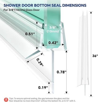 2-Pack Frameless Shower Door Bottom Seal (3/8" X 36") Clear Glass Seal Strip Shower Door Sweep - Stop Shower Leaks