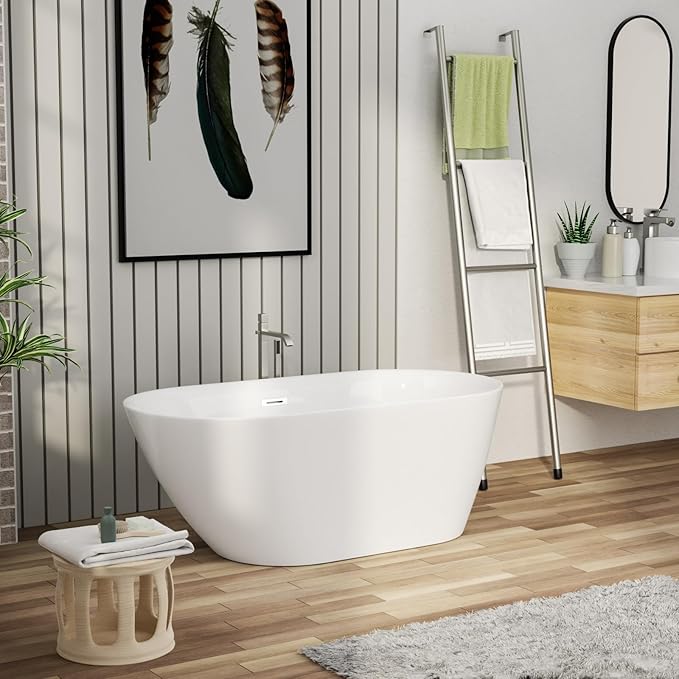 Mocoloo 59" Acrylic Freestanding Bathtub Contemporary Soaking White Bath Tub with Gold Overflow and Drain
