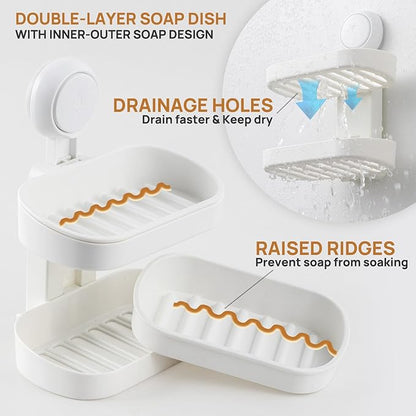 LEVERLOC Soap Dish Holder for Shower Double Layer Suction Cup Wall Mounted NO-Drilling Self Draining Removable Waterproof Strong Suction Bar Soap Sponge Holder for Shower Bathroom Bathtub Kitchen