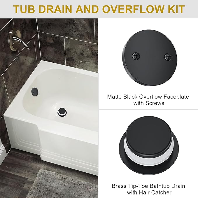 Matte Black Bathtub Drain Stopper and Overflow Kit, Solid Brass Tip-Toe Bath Tub Drain with Hair Catcher - Universal Coarse/Fine Thread, Bathroom Bathtub Plug Replacement, 11.5/16 UNC