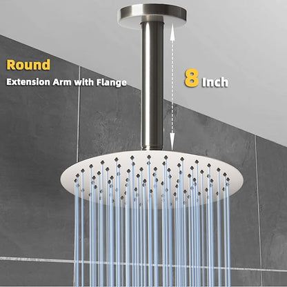 8 Inch Shower Arm with Flange, Ceiling Mounted Shower Head Extension Arm, 1/2 NPT Straight Arm for Rain Shower Head, Stainless Steel Shower Head Extension Replacement Pipe Arm, Brushed Nickel