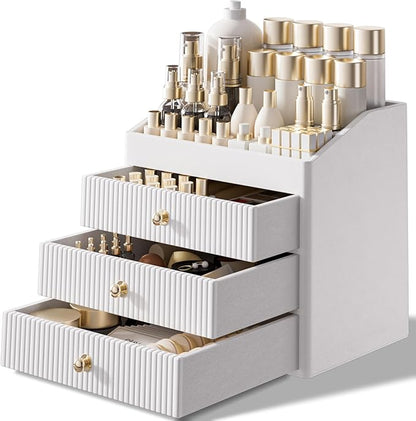 Vanity Organizers,Luxury Skincare Organizer with 3 Tier Drawers,Beige White Large Capacity Cosmetic Organizer Countertop for Makeup Brush,Dresser,Bedroom,Bathroom,Mom Gifts,Mom Birthday Gifts