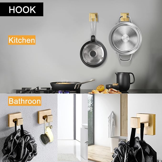 TNOMS 5-Piece Bathroom Hardware Set 23.6 Inch Gold Towel Bar Set Towel Bar Towel Ring Coat Hook and Toilet Paper Holder with Shelf Wall Mounted Stainless Steel Bathroom Accessories Set