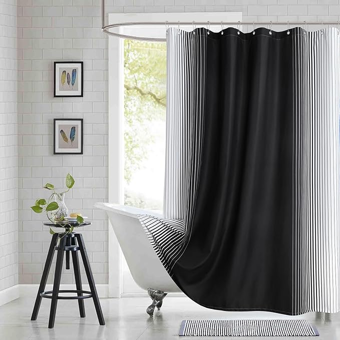 90 Inch Black Shower Curtain, Extra Long Modern Black and White Gradient Vertical Stripe Waterproof Polyester Shower Curtains for Bathroom, 72x90 Inches