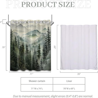 Forest Hookless Shower Curtain with Snap in Liner Set, Nature Mountain No Hook Shower Curtains for Bathroom, Double Layer Ringless, Liner with Magnets, Waterproof Cloth Fabric, 71" W x 74" L