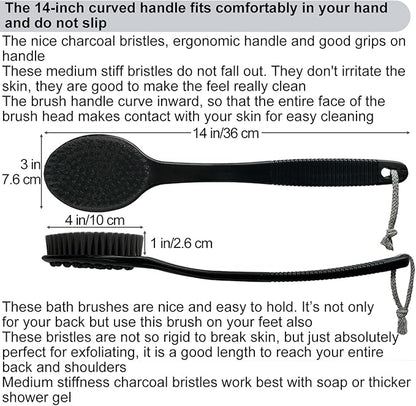 Back Bath Brush - Curved Long Handle Shower Brush with Medium Stiff Charcoal Bristles for Cleaning and Exfoliating Body, Back Scrubber for Men & Women (Black 2 Pack)