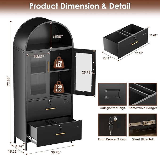73''H Metal Arch File Cabinet, Black Arched Bookcase with Locking Glass Doors and Drawers,Filing Cabinet for Home Office,Assemble Required,Black