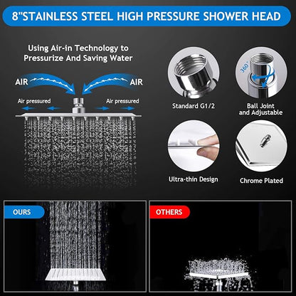 Shower Head Combo,8 Inch High Pressure Rain Shower Head with 11 Inch Adjustable Extension Arm and 5 Settings Handheld Shower Head Combo,Powerful Shower Spray Against Low Pressure Water with Long Hose