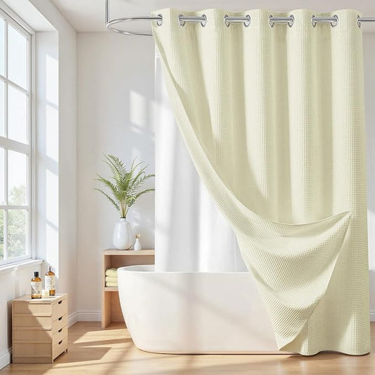 River Dream Cotton Blend Shower Curtain with Snap in Liner, Cream No Hook Shower Curtains for Bathroom, Hotel Grade, Water Repellent, 71" W x74 L