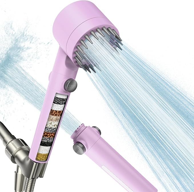 Filtered Shower Head with Handheld, High Pressure Water Flow and Multiple Spray Modes Shower Head with Filter, Power Wash for Hard Water, Showerhead with ON/OFF Switch for Pets Bath (Purple)
