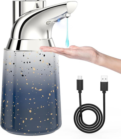 Adjustable Automatic Soap Dispenser Touchless, Ceramic Material，4 Adjustable Levels， Type-c Rechargeable Operated Sensor Liquid Soap Pump，Touch-Free Hand Sanitizer Dispenser (Starry Silver)