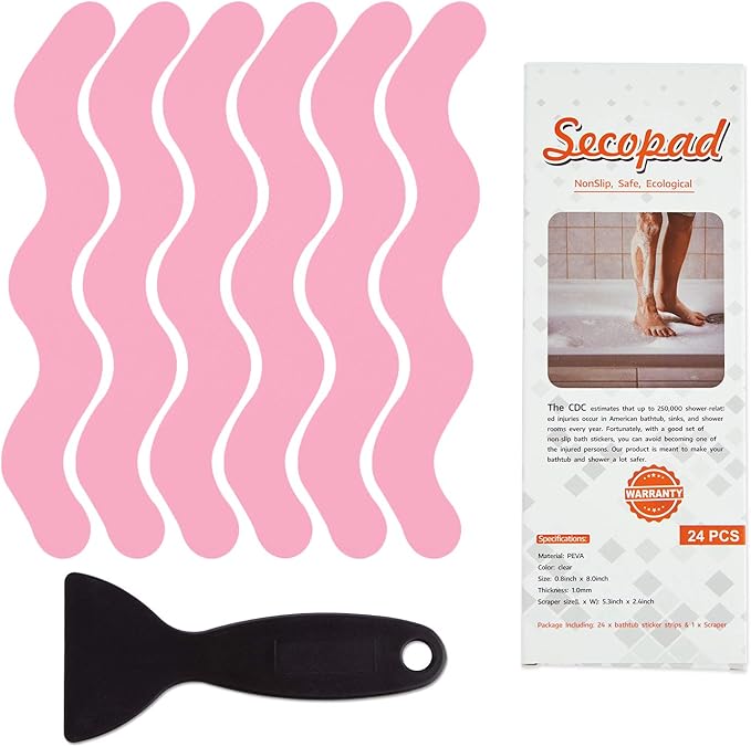 Anti Slip Shower Stickers, Adhesive Decals Safety Strips Scraper for Bath Tub, Shower, Stairs, 24 Pieces (Pink)