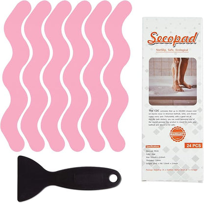 Anti Slip Shower Stickers, Adhesive Decals Safety Strips Scraper for Bath Tub, Shower, Stairs, 24 Pieces (Pink)