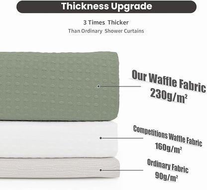 Inhousolu Stall No Hook Shower Curtain with Snap in Fabric Liner Set Waffle Weave 230GSM Weighted Hem, Waterproof & Washable Bathroom Curtain Spa Luxury with Mesh Top Window 60" W x 72" L Sage Green
