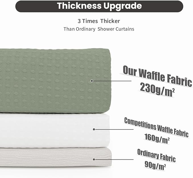 Inhousolu No Hook Waffle Weave Shower Curtain with Removable Snap in Fabric Liner Set for Bathroom, 230 GSM Heavy Duty Weighted Hem, Water Repellent Washable Bath Curtains, 72 x 84 Inch, Sage Green